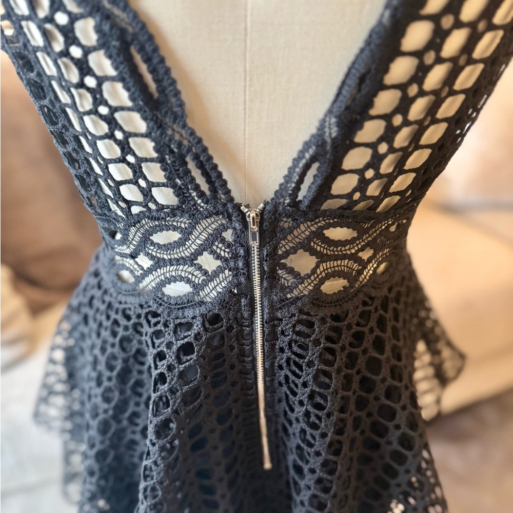Tiered Black Lace Mini Dress with Deep V - Picture 4 of 5